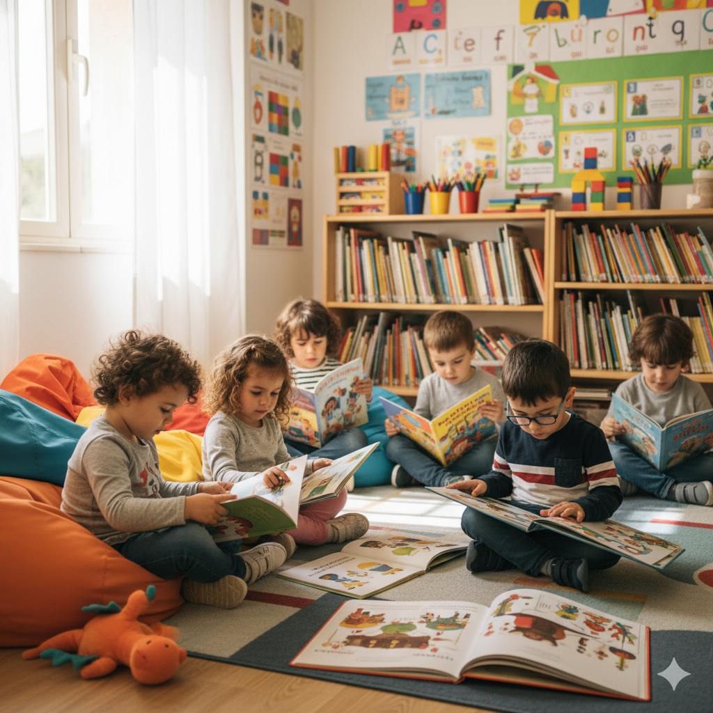 Aula amb sis infants llegint